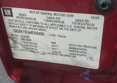 2004 Chevrolet Silverado 1500 Z71 z USA, uszkodzony, nr VIN 1GCEK19T44E350436